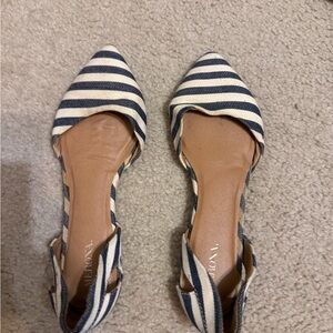 Merona Navy and White Striped Pointed D'Orsay Flat
